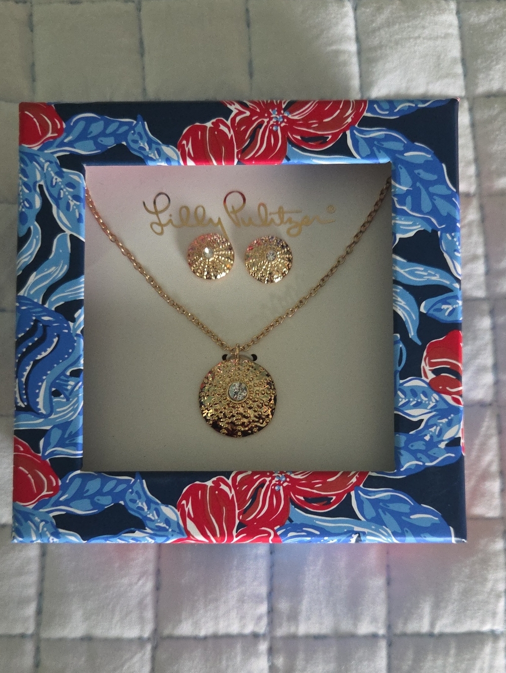 Lilly Pulitzer Gold-Tone Textured Disc Necklace and Stud Earrings